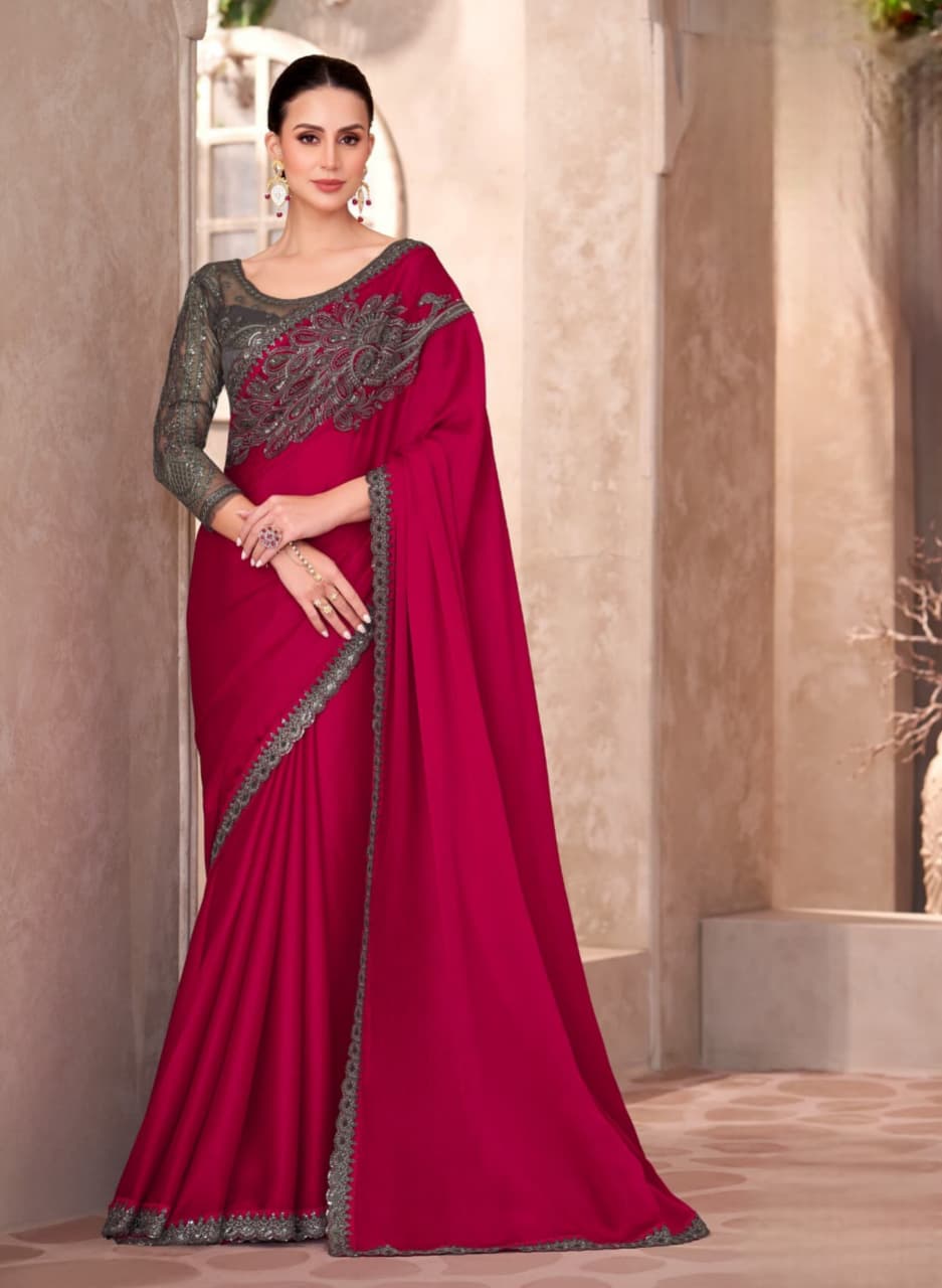 Cherry Red Pure Chiffon Linen Work Saree