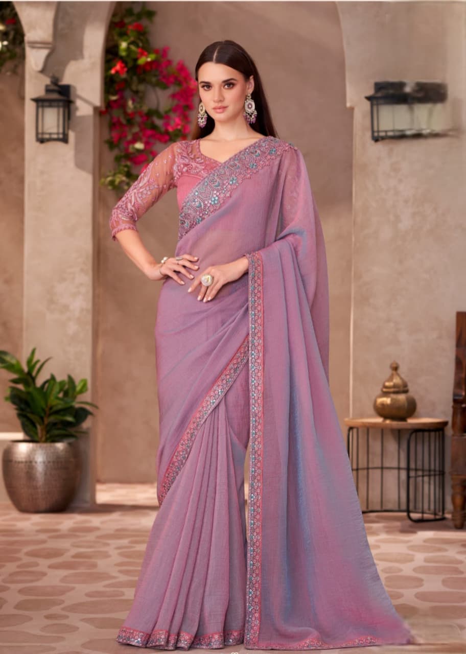 Rich Pink Shining Georgette Linen Work Saree