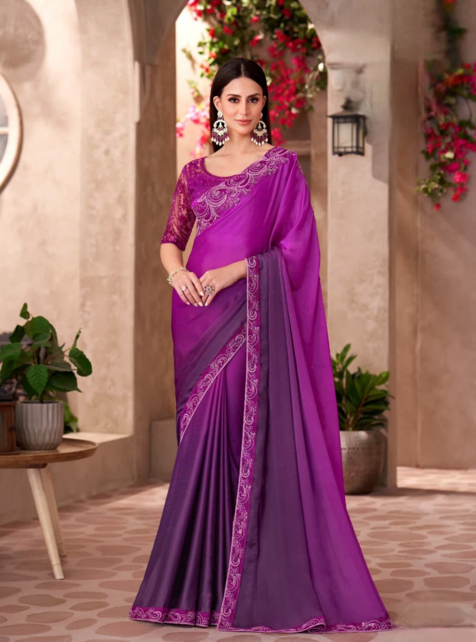 Purple Majestic Shaded Chiffon Sartin Work Saree