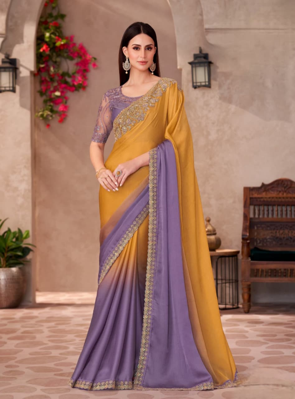 Yellow Majestic Shaded Chiffon Linen Work Saree