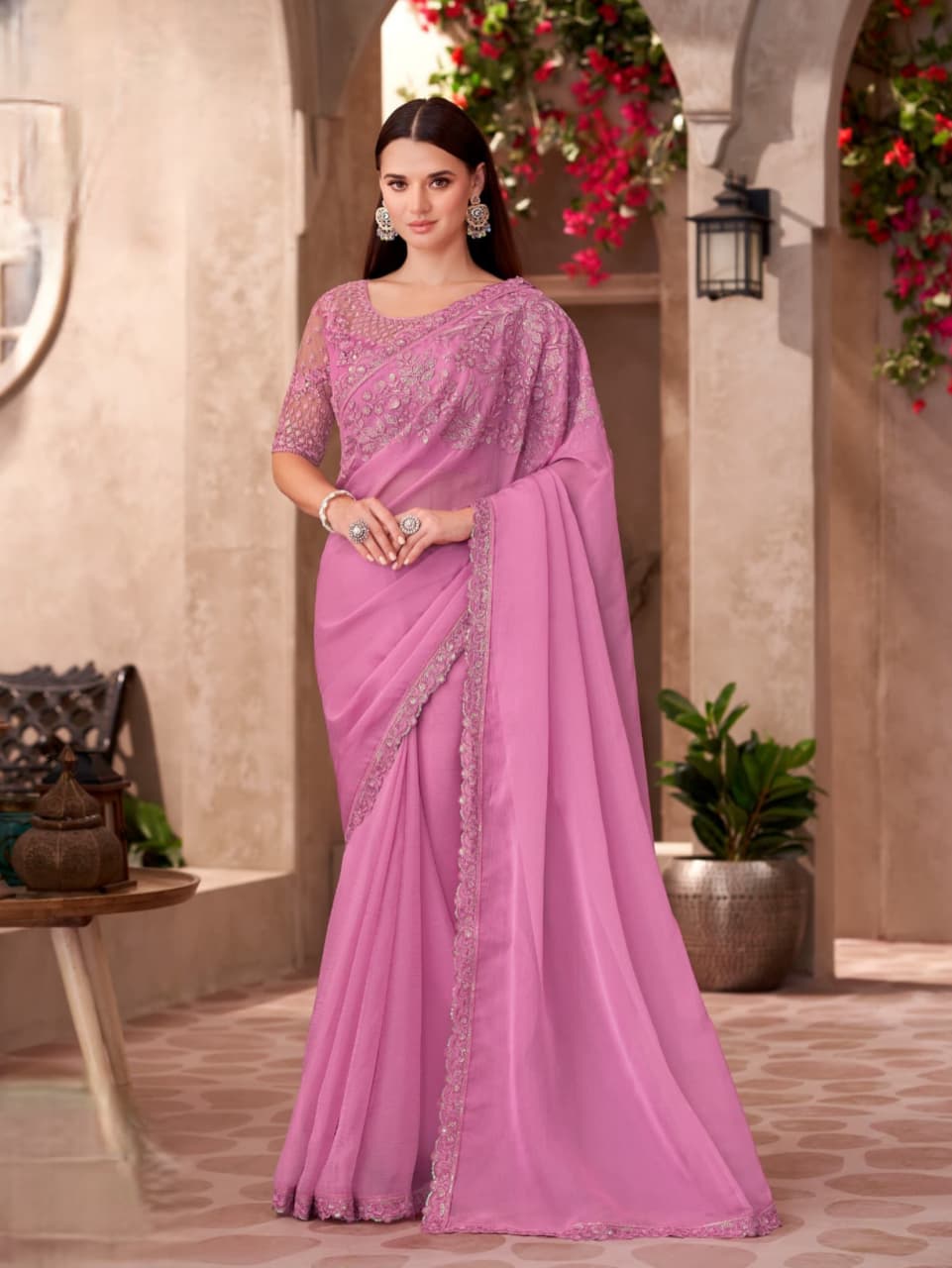 Pink Shine Silk Chiffon Georgette Work Saree