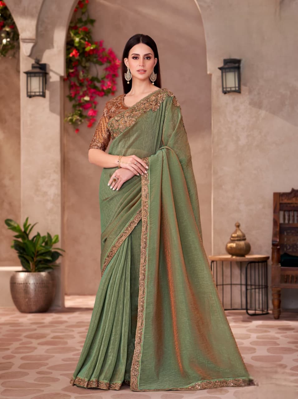 Green Golden Shine Georgette Linen Work Saree