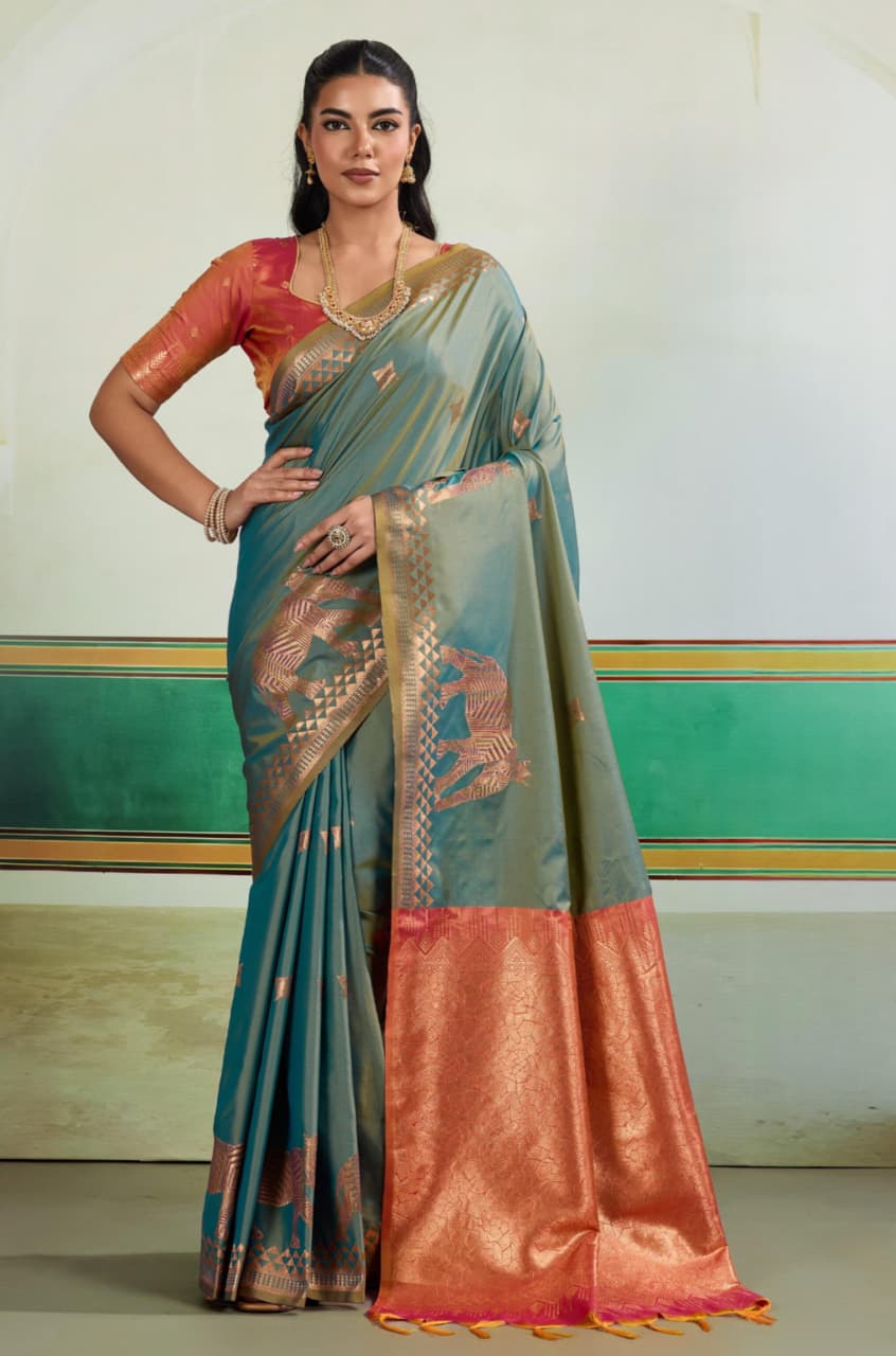 Teal Pure Silk Handloom Weaving Saree
