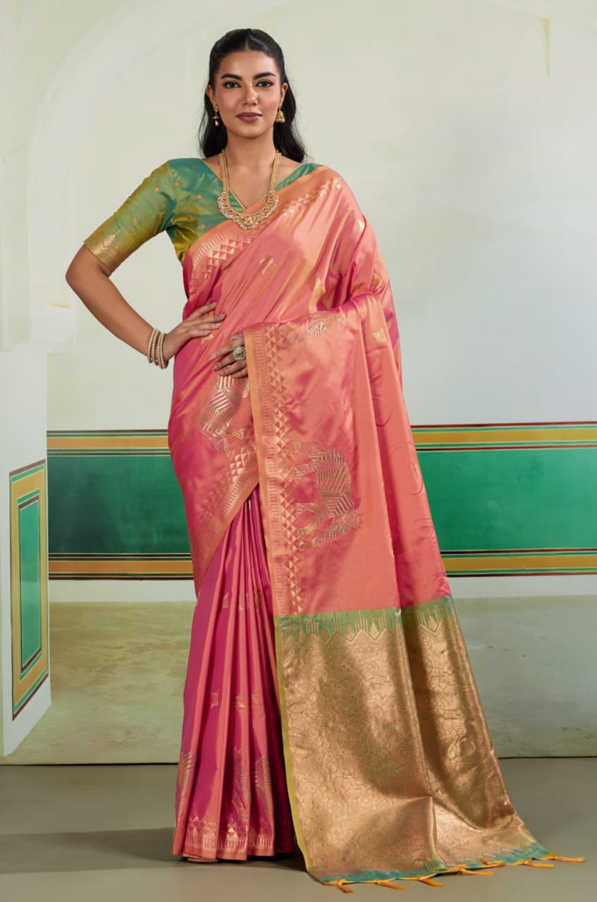 Coral Pink Pure Silk Handloom Weaving Saree