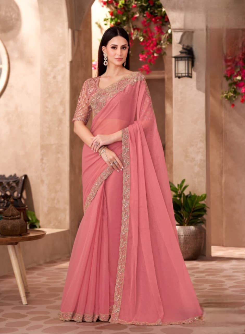 Peach Georgette Georgette Work Saree