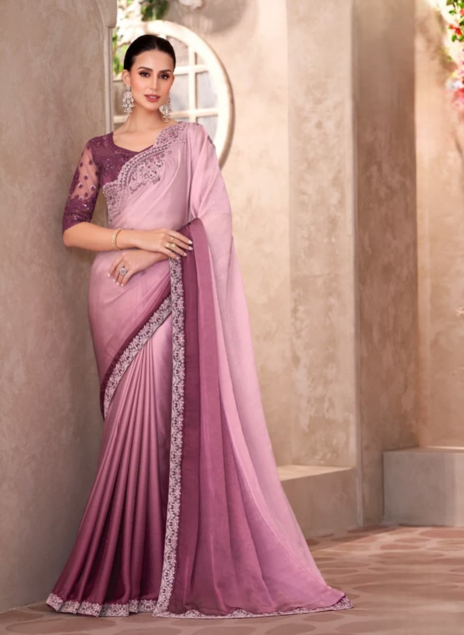 Lavender Majestic Shaded Chiffon Linen Work Saree