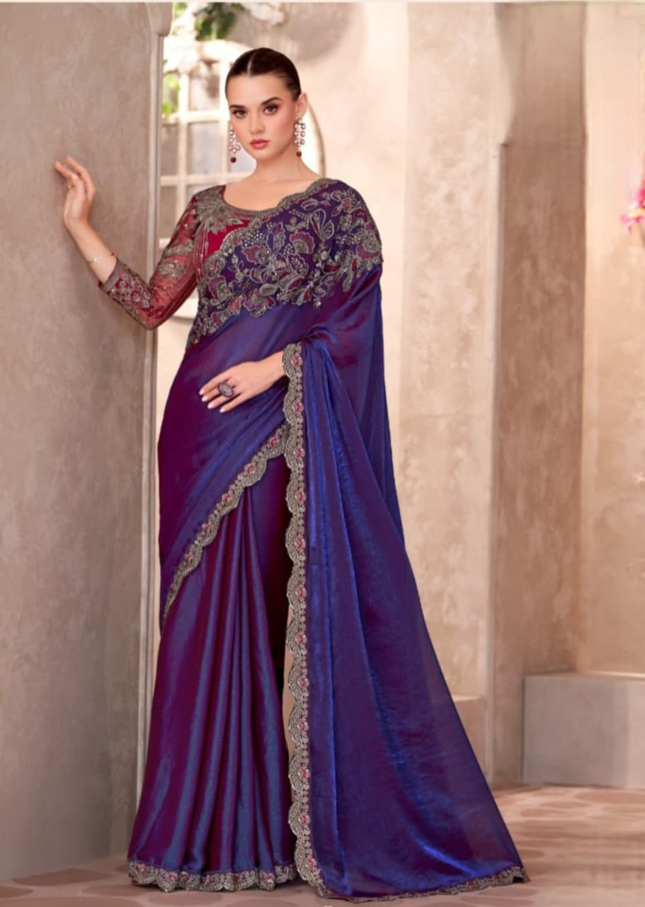 Electric Blue Sartin Georgette Georgette Work Saree