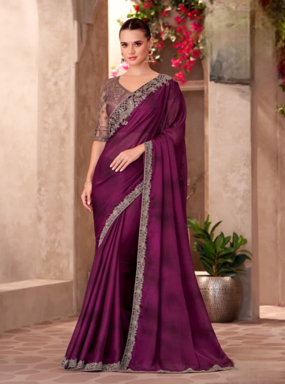 Wine Fine Sartin Chiffon Sartin Work Saree