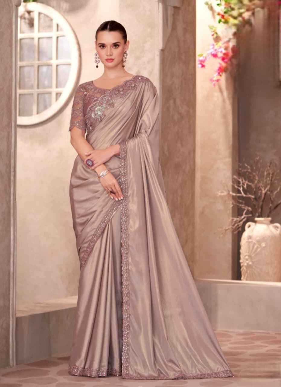 Beige Shimmer Silk Crape Sartin Chiffon Work Saree