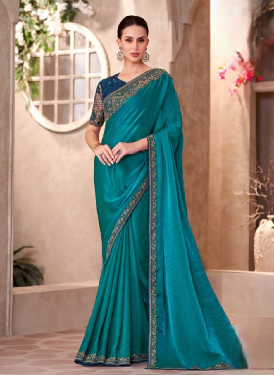 Peacock Blue Sartin Georgette Linen Work Saree