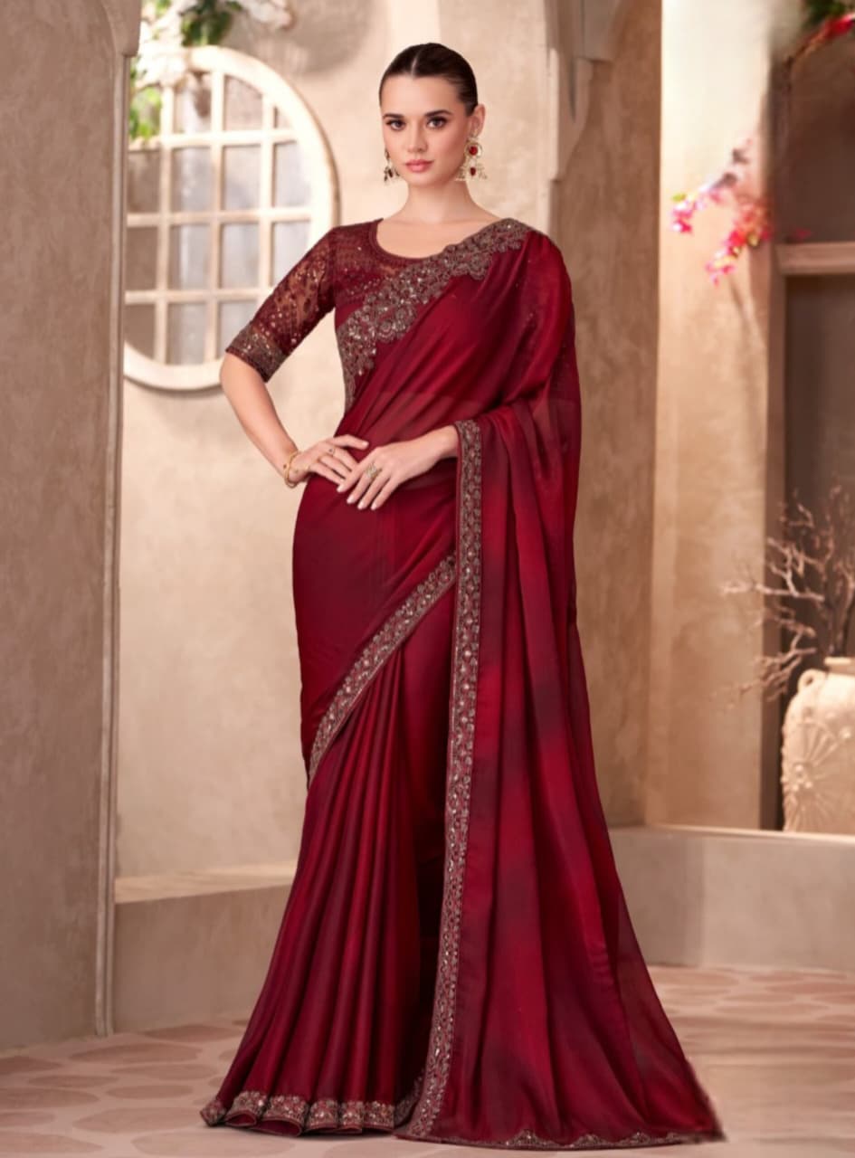Maroon Sparkle Shaded Chiffon Linen Work Saree