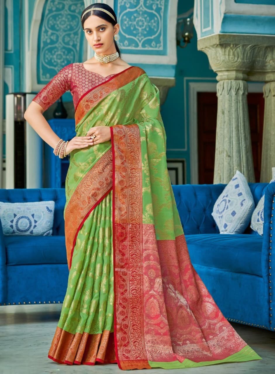 Green Linen Cotton Weaving Contrast Border Pallu Saree