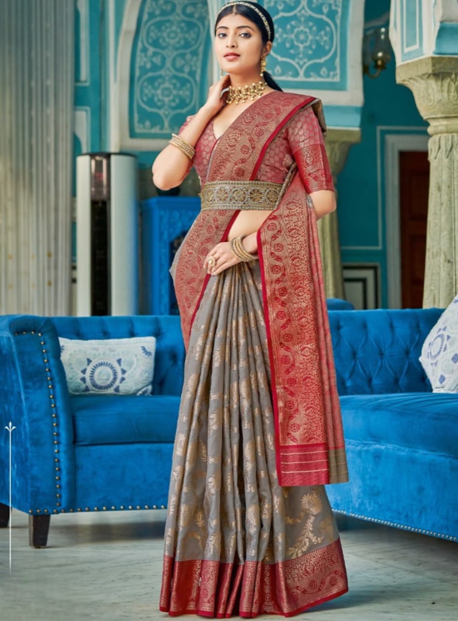 Grey Linen Cotton Weaving Contrast Border Pallu Saree
