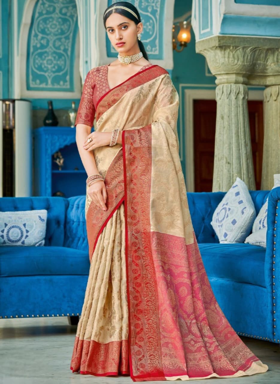 Beige Linen Cotton Weaving Contrast Border Pallu Saree