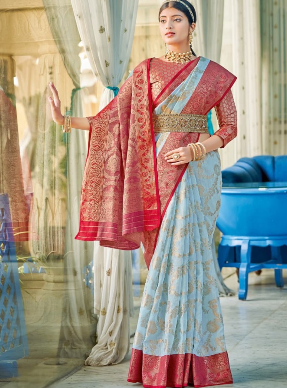 Blue Linen Cotton Weaving Contrast Border Pallu Saree