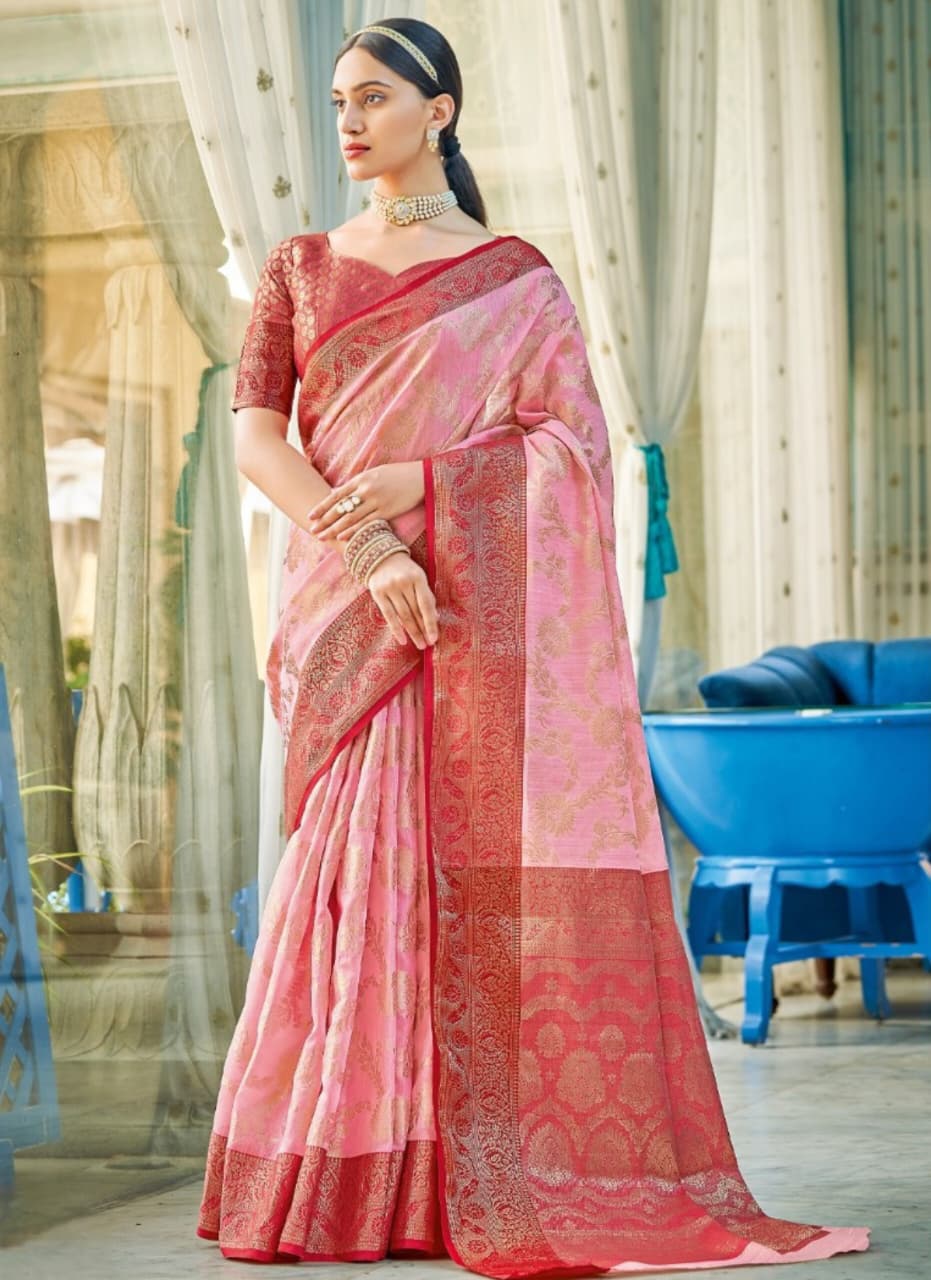 Pink Linen Cotton Weaving Contrast Border Pallu Saree