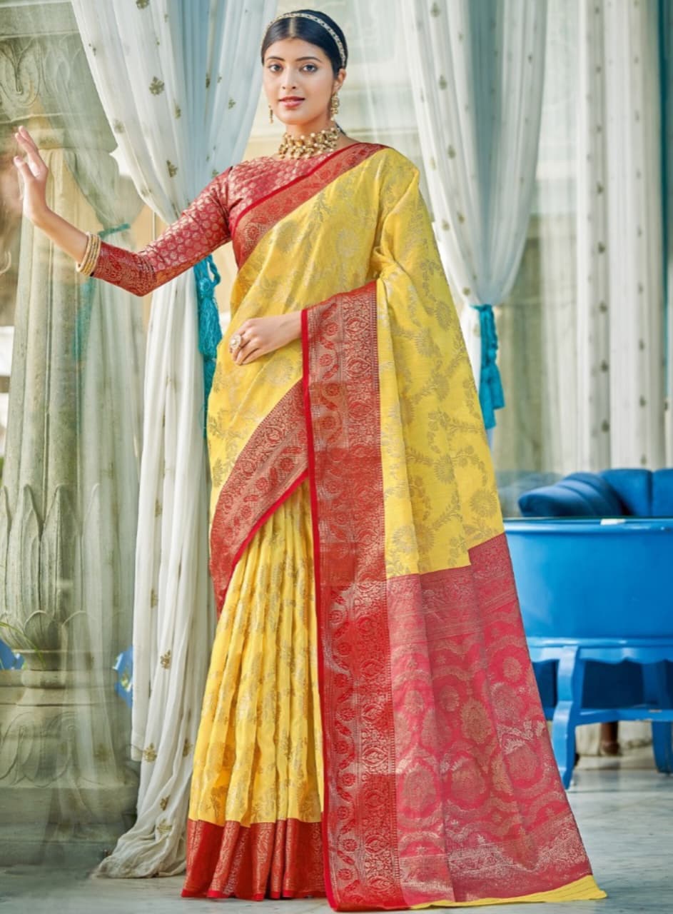 Yellow Linen Cotton Weaving Contrast Border Pallu Saree