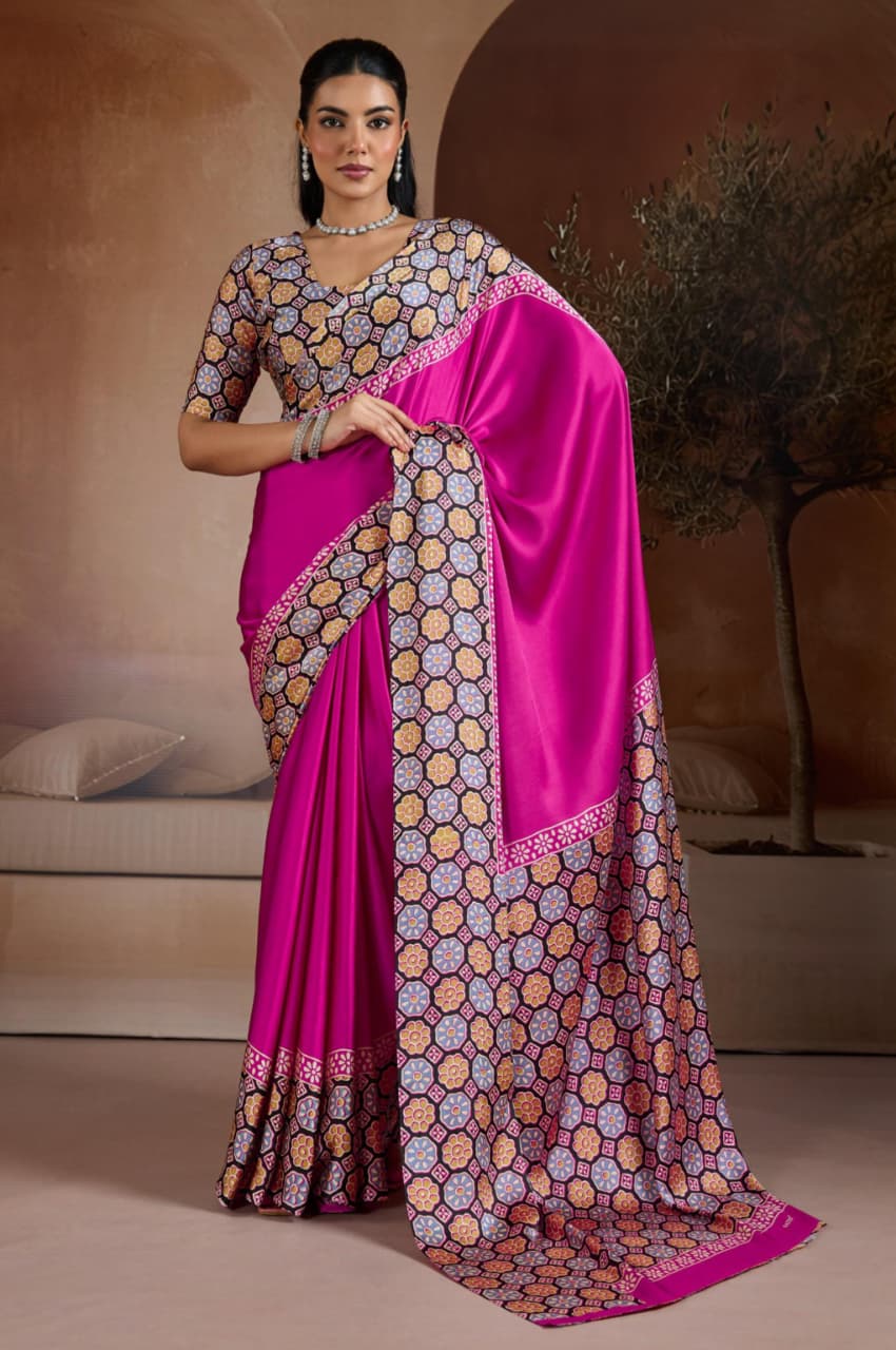 Magenta Pink Modal Satin Ajrakh Print Saree