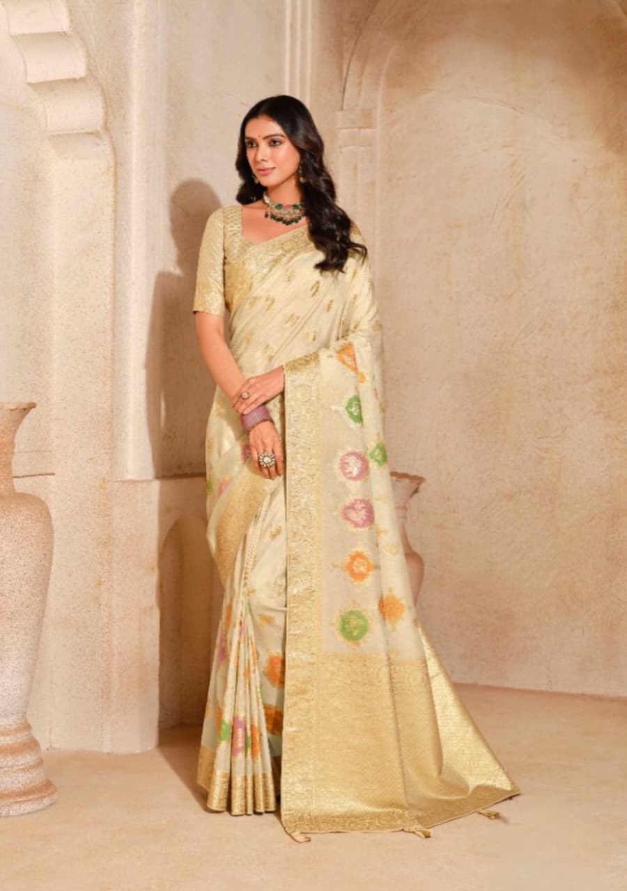 Cream Silk Zari Weaving Saree