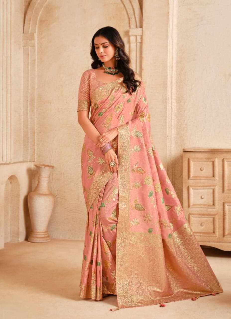 Peach Silk Zari Weaving Saree