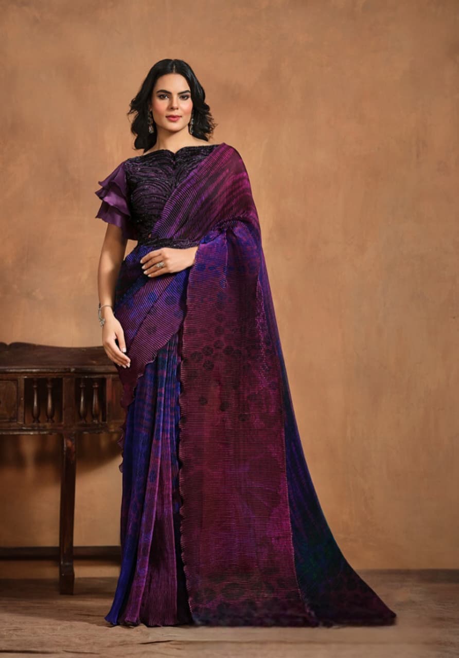 Purple Pure Satin Silk Digital Printed Saree