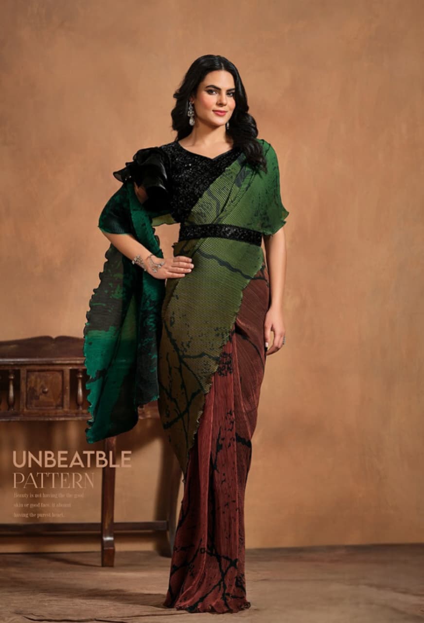 Green Pure Satin Silk Digital Printed Saree