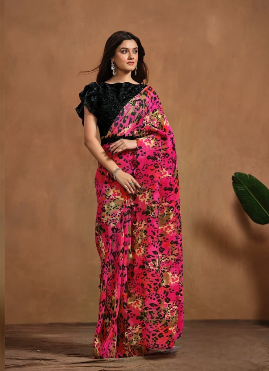 Pink Pure Satin Silk Digital Printed Saree