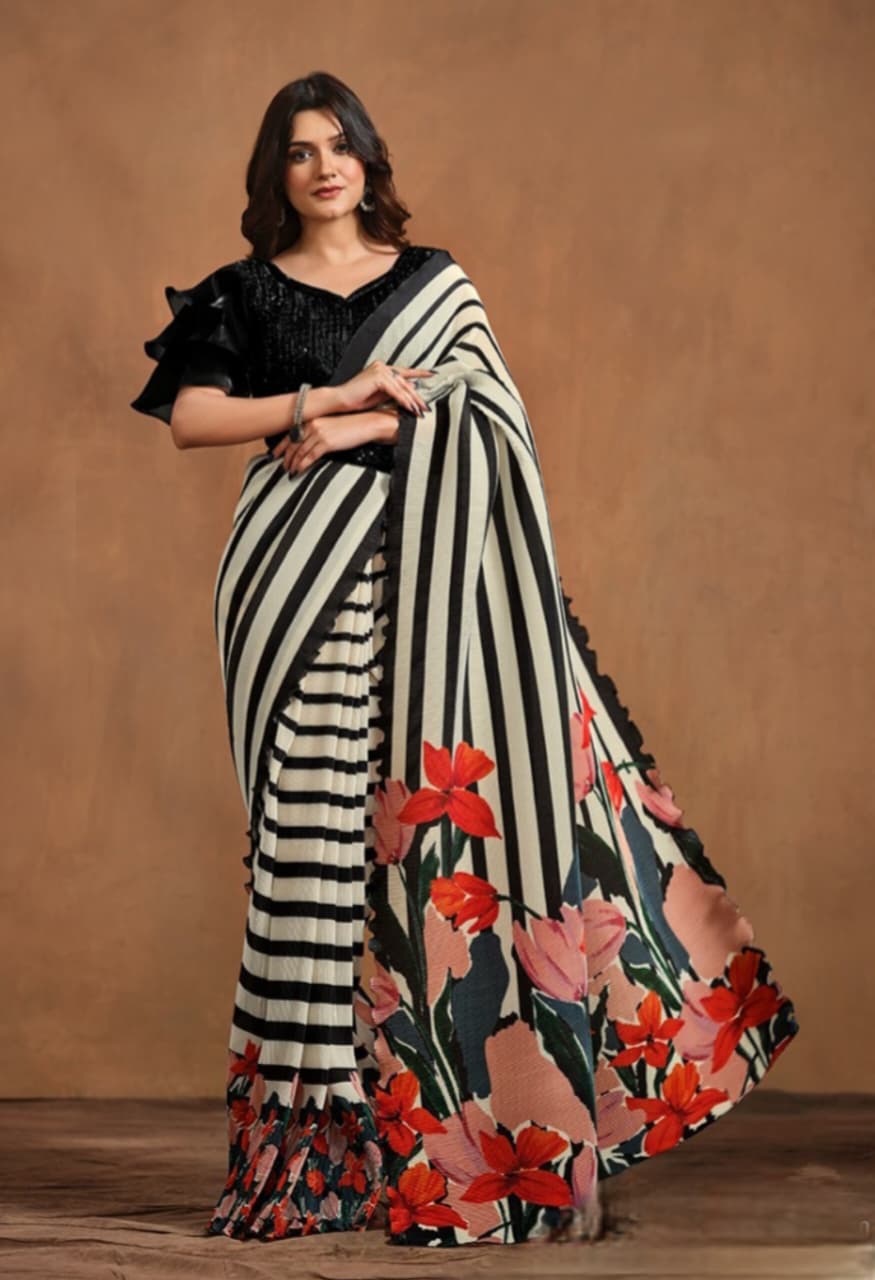 Black White Pure Satin Silk Floral Digital Printed Saree