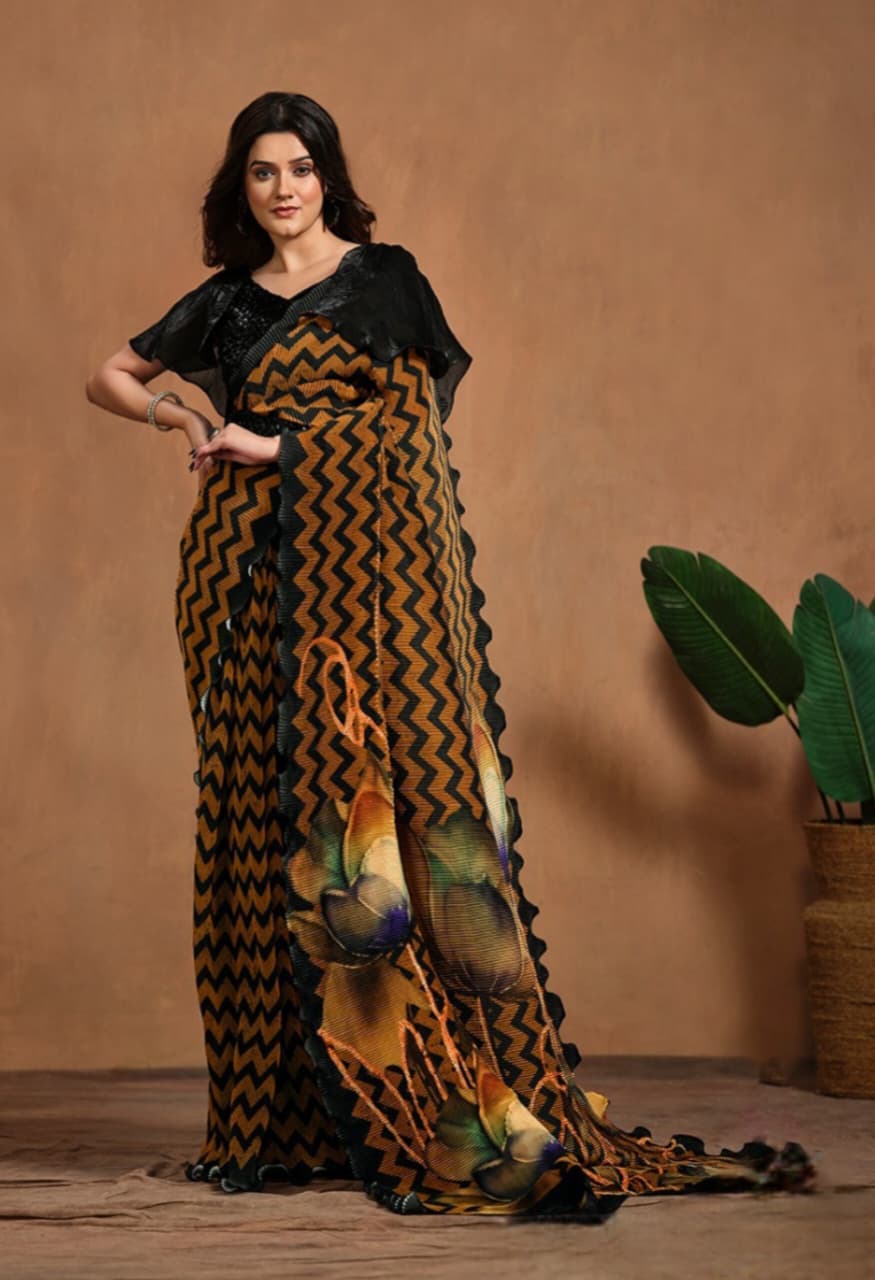 Black Brown Pure Satin Silk Digital Printed Saree
