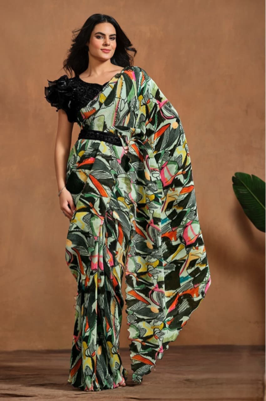 Green Multicolor Pure Satin Silk Digital Printed Saree