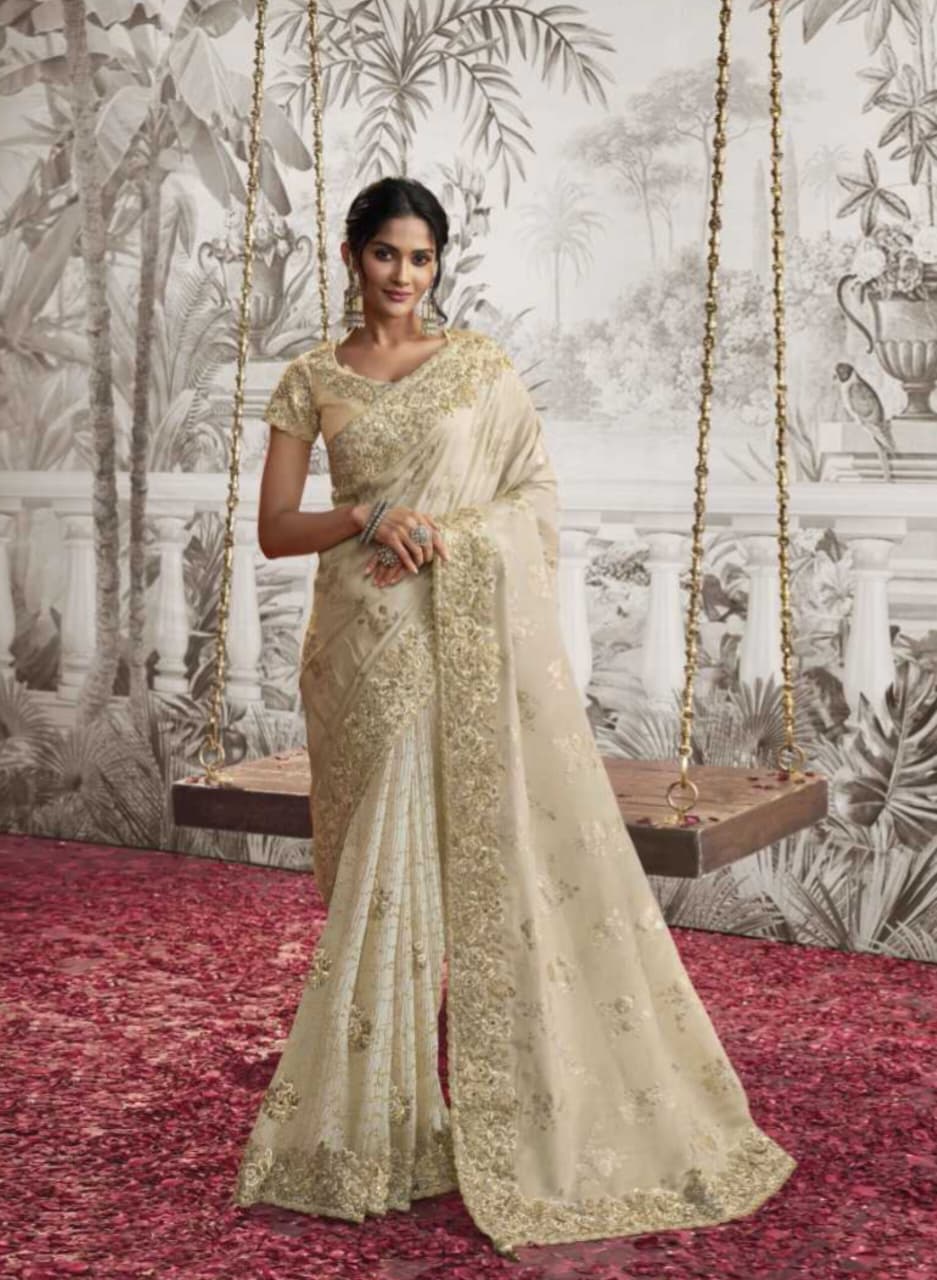 Cream Soft Fancy Zari Embroidered Saree