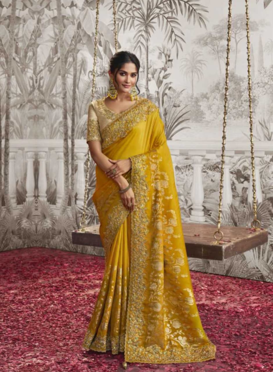 Yellow Soft Fancy Zari Embroidered Saree