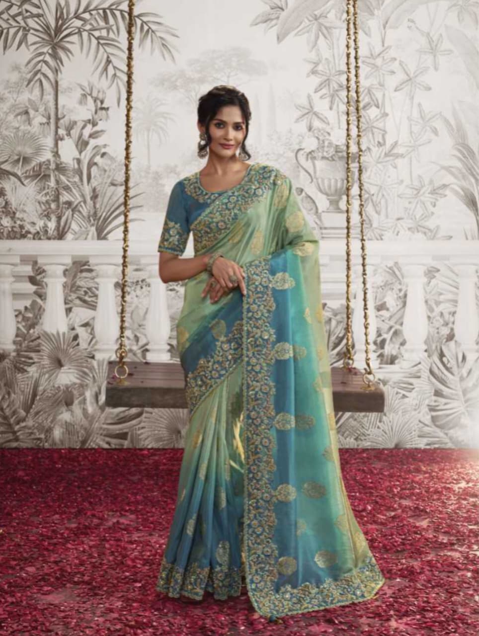 Sea Green Soft Fancy Zari Embroidered Saree