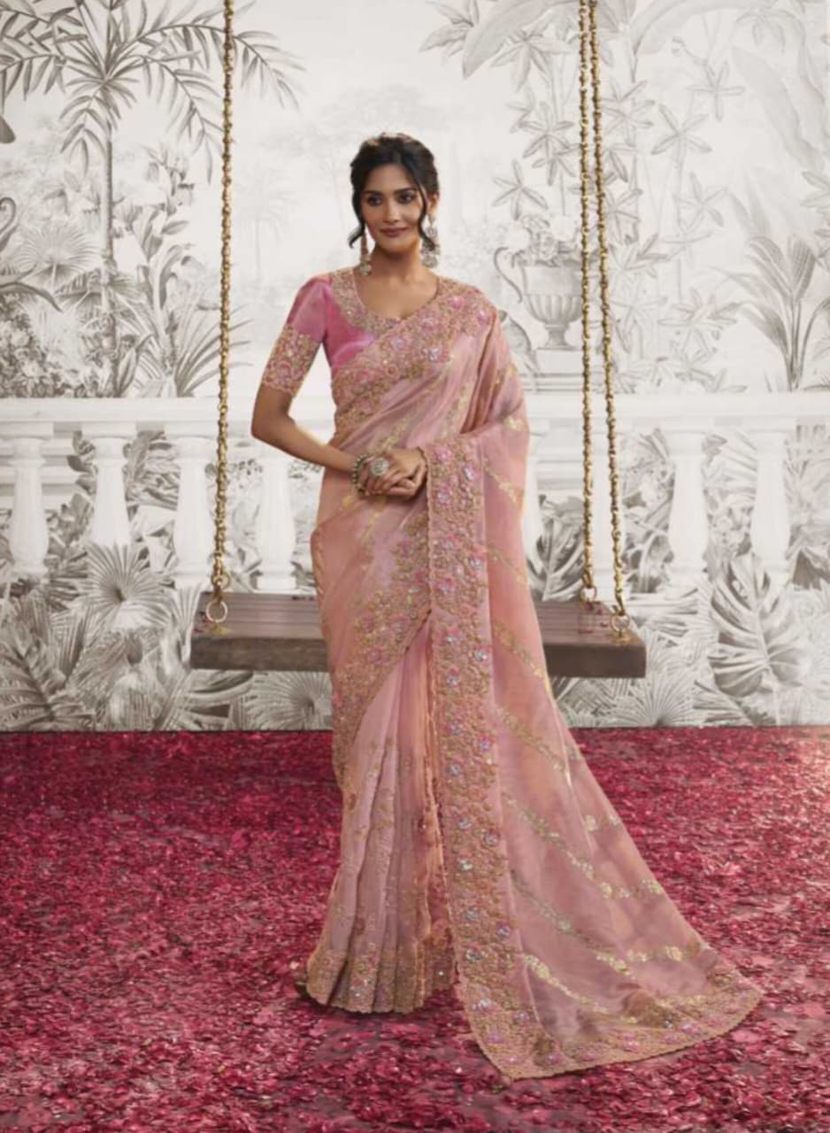 Peach Soft Fancy Zari Embroidered Saree