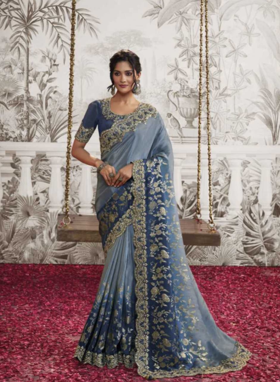 Blue Soft Fancy Zari Embroidered Saree