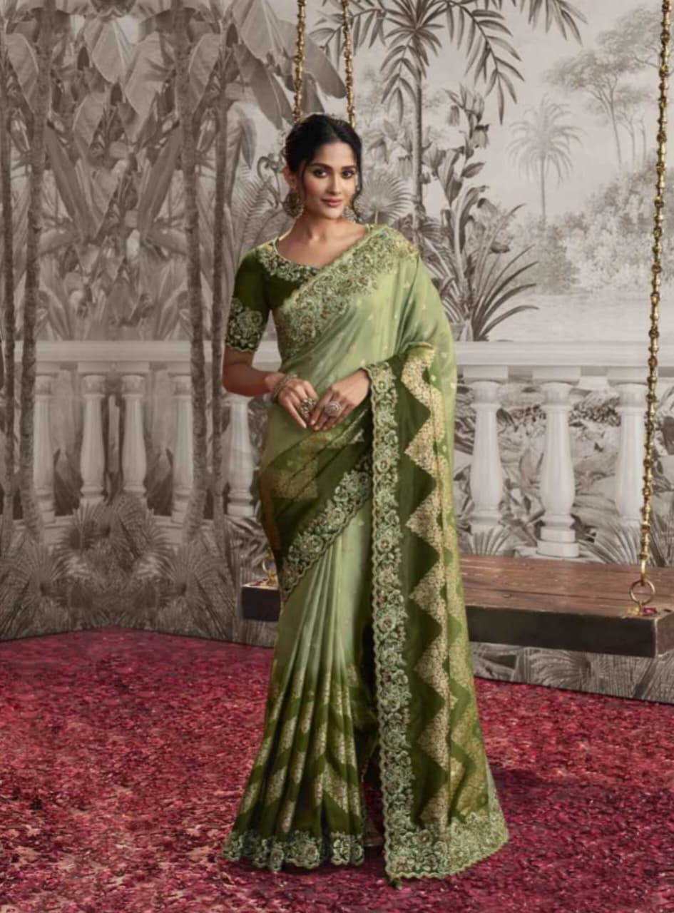 Olive Green Soft Fancy Zari Embroidered Saree