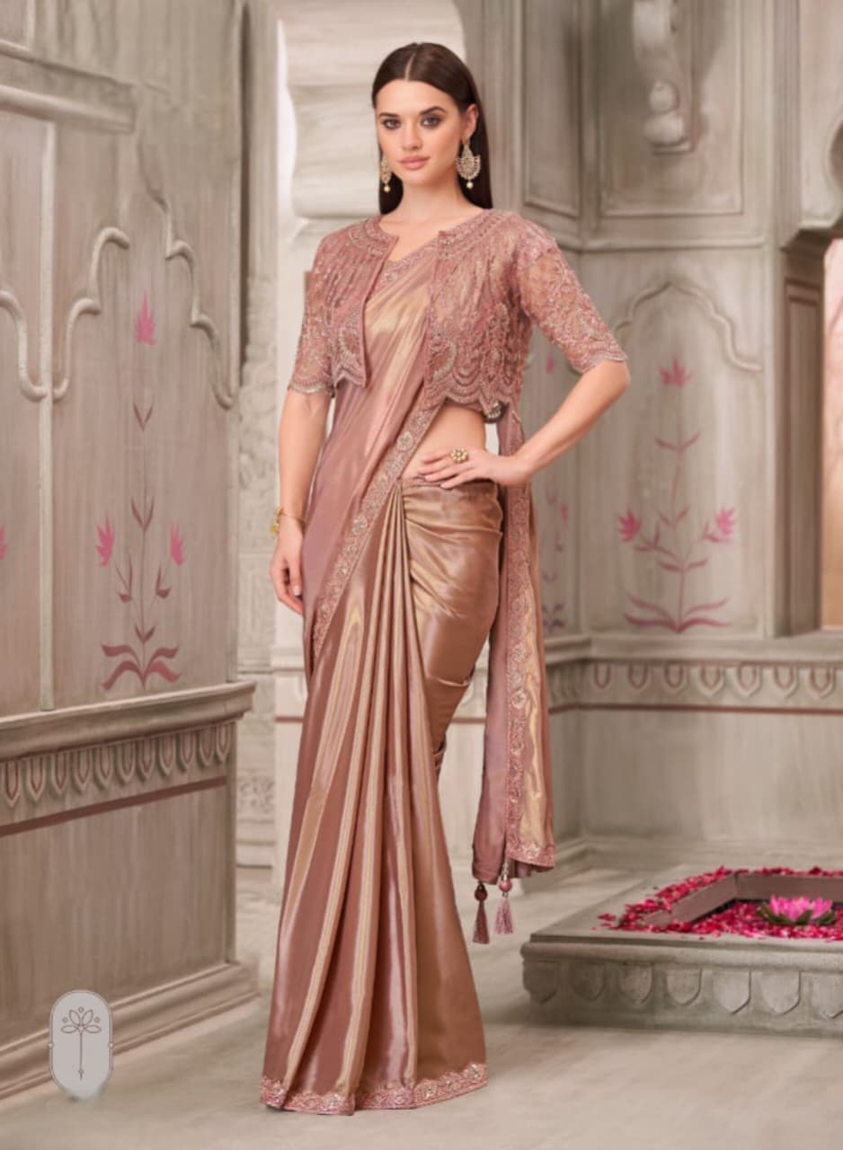 Golden Shimmer Satin Silk Jacket Net Handwork Saree