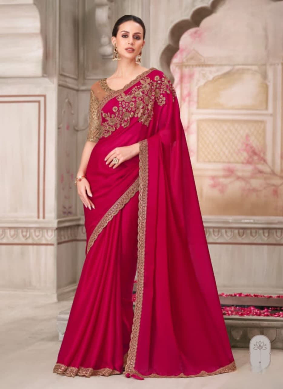 Cherry Blossom Satin Silk Pure Silk Handwork Saree