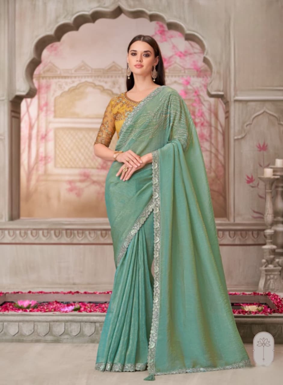 Pista Satin Silk Tussar Silk Handwork Saree