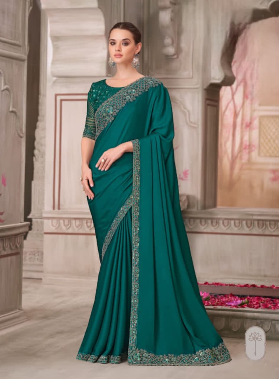 Peacock Sartin Silk Satin Silk Handwork Saree