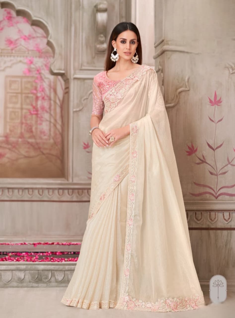Pearl White Satin Silk Tussar Silk Handwork Saree