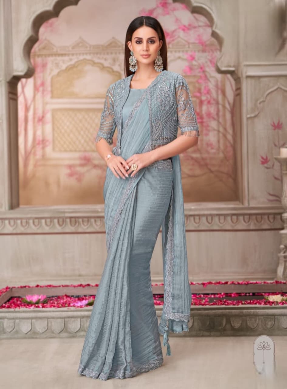 Silver Grey Georgette Jacket Net Handwork Saree