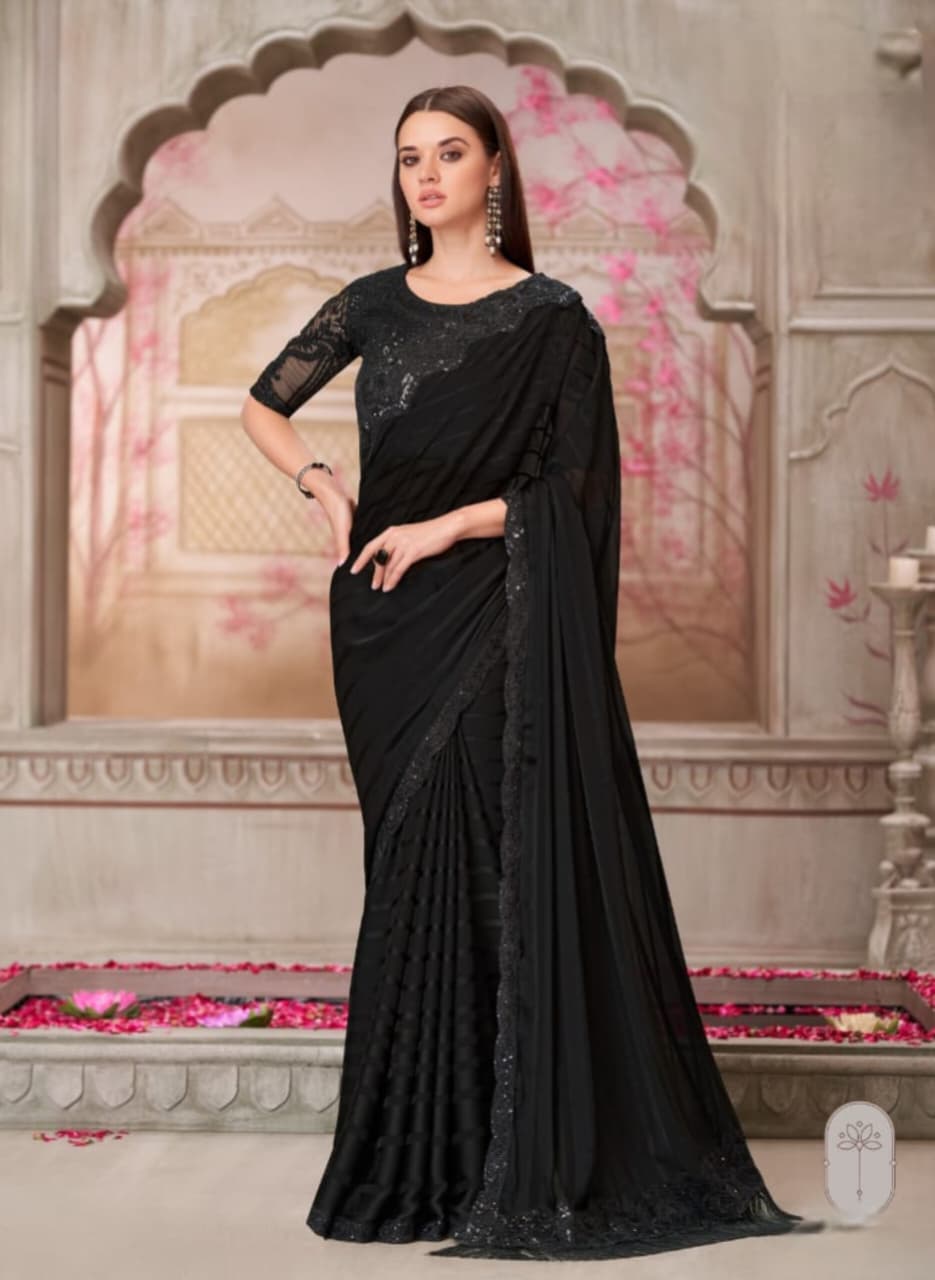Black Georgette Pattern Tussar Silk Handwork Saree