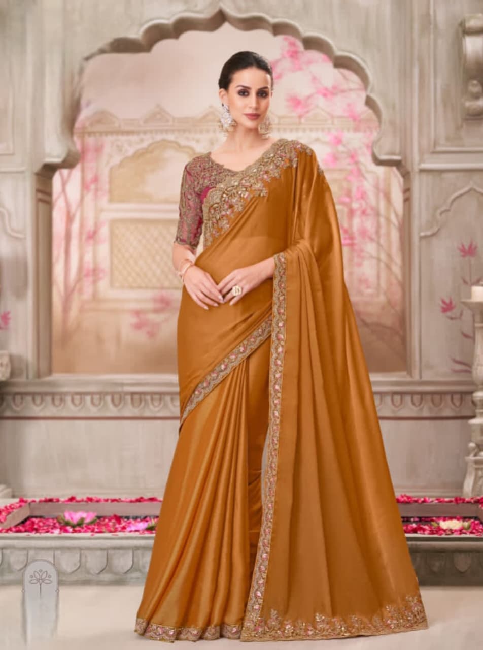 Gold Shine Chiffon Silk Tussar Silk Handwork Saree