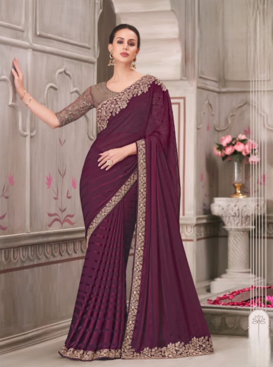 Wine Pattern Georgette Silk Pure Silk Handwork Saree