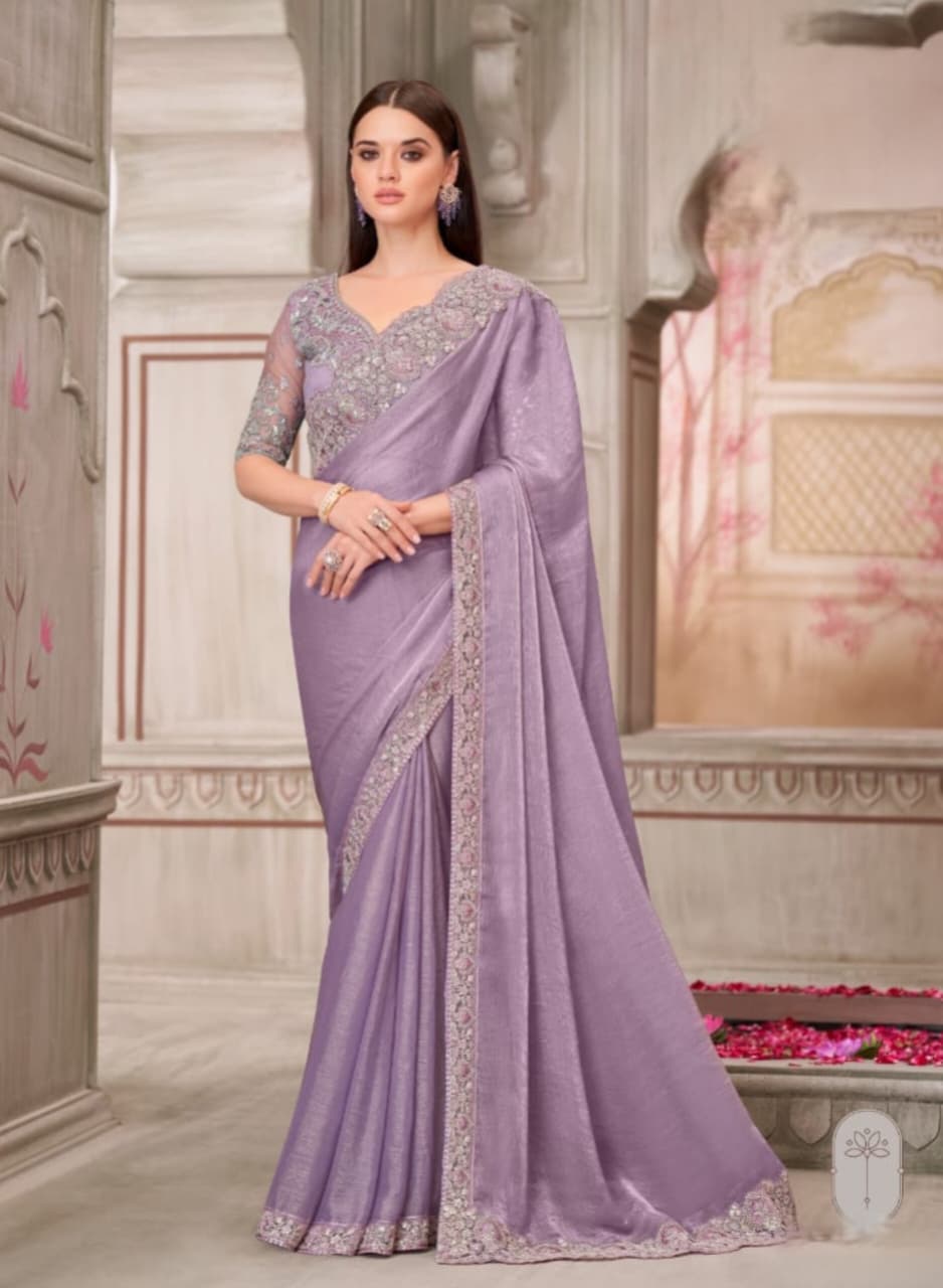 Lavender Glass Silk Chiffon Tussar Silk Handwork Saree