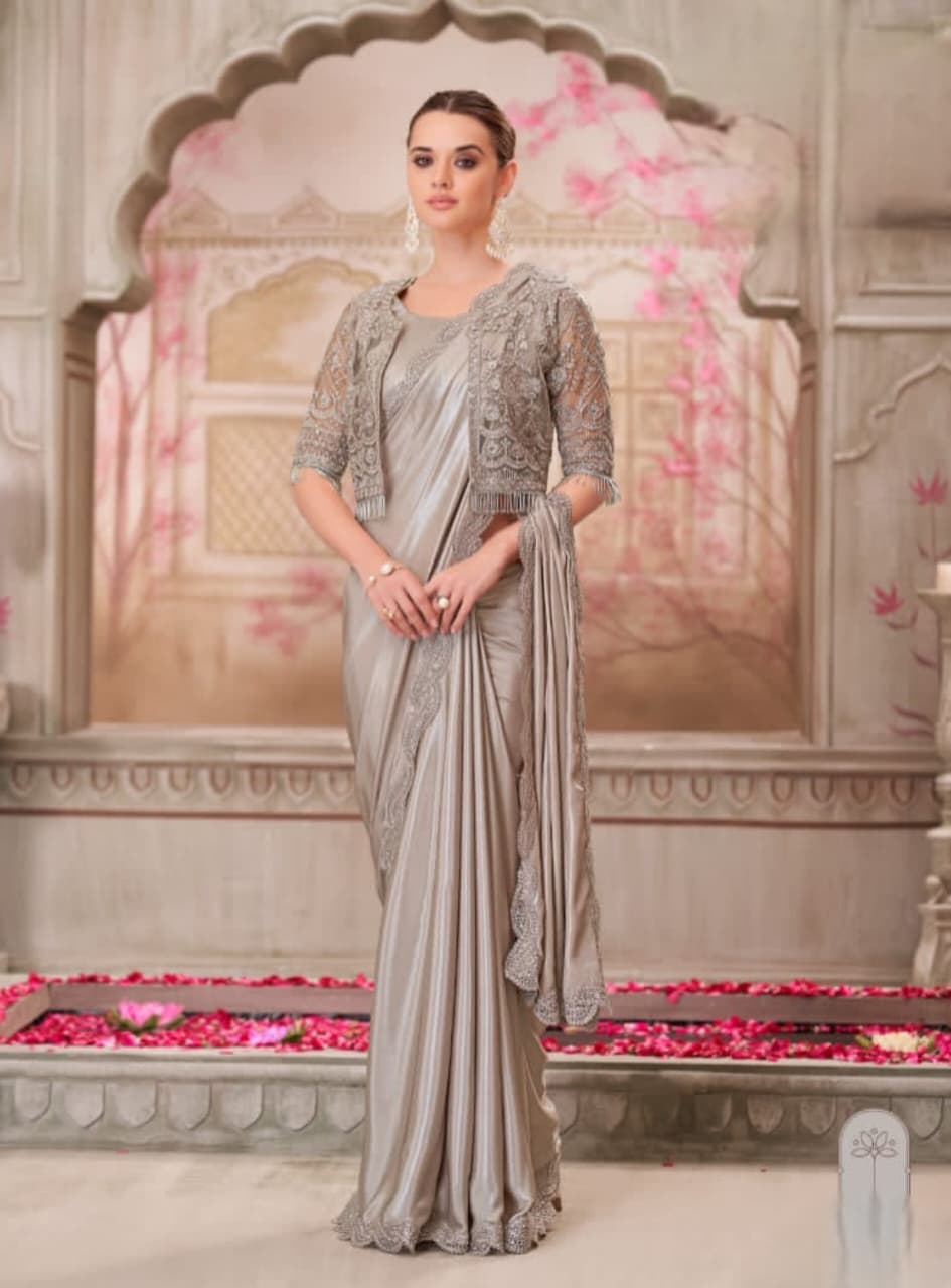 Pearl Grey Shimmer Satin Silk Jacket Net Handwork Saree