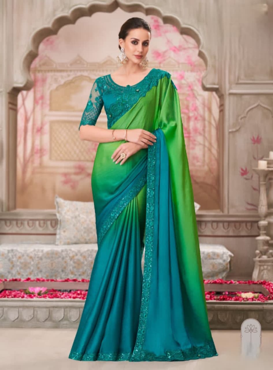 Nycil Shaded Satin Chiffon Tussar Silk Handwork Saree