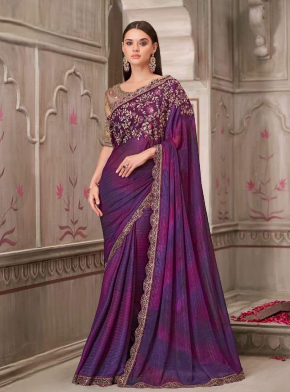 Purple Mulberry Shimmer Satin Georgette Pure Silk Handwork Saree