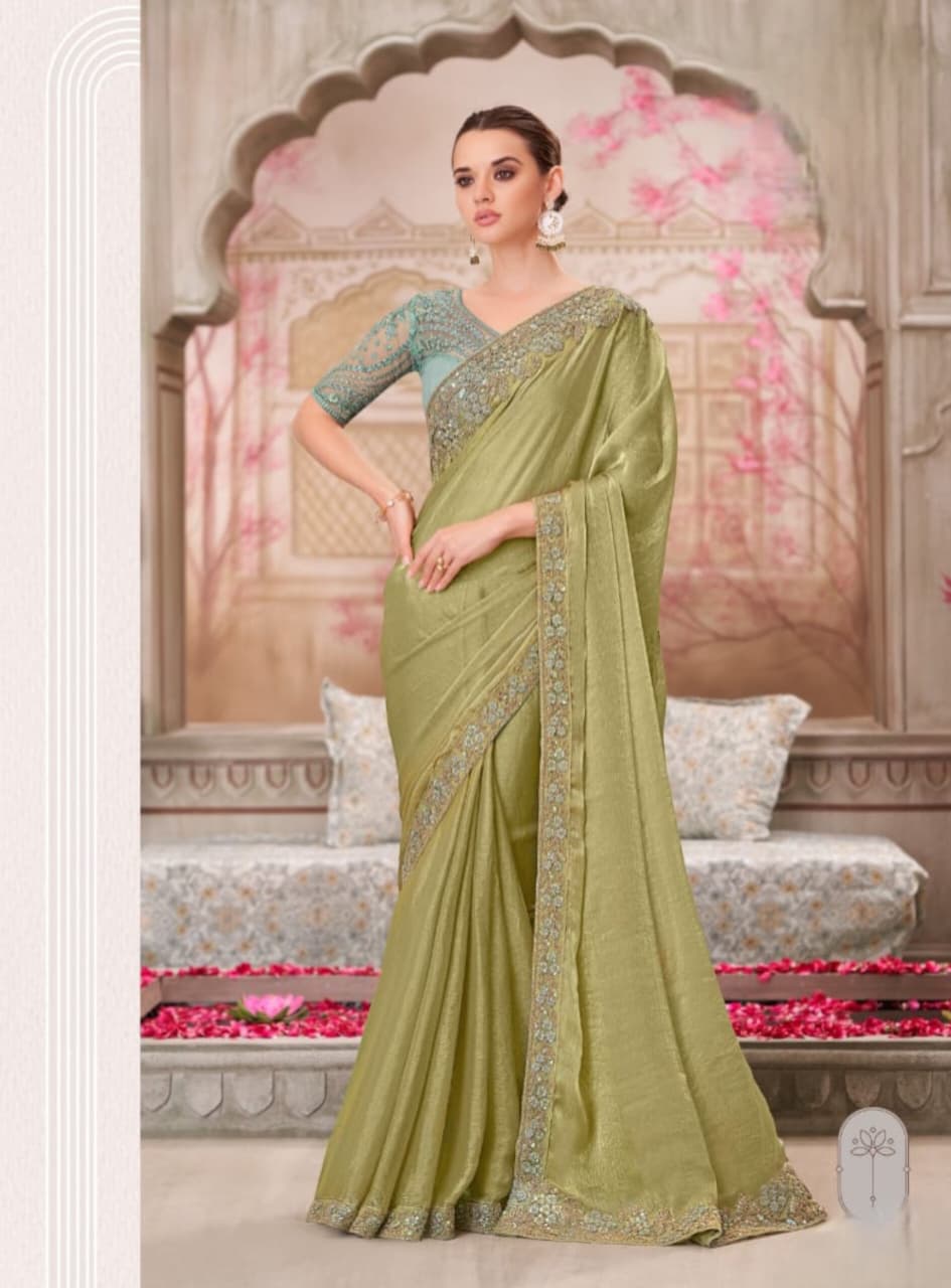Pista Green Glass Silk Chiffon Tussar Silk Handwork Saree